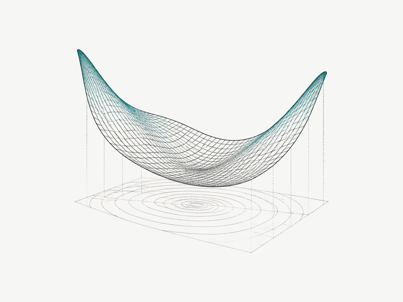 Wireframe implied volatility surface drawn in ink on paper, rising at both strike wings above a contour floor